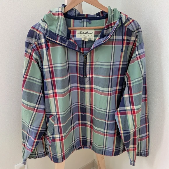 Vintage Eddie Bauer Plaid Hooded Quarter Zip Windbreaker Jacket In Green/Navy - Picture 2 of 6